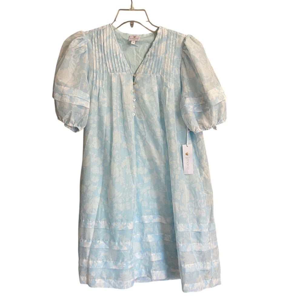j.Marie Women's Size Small Skye Blue Printed Puff Sleeve Button Front Dress NWT
